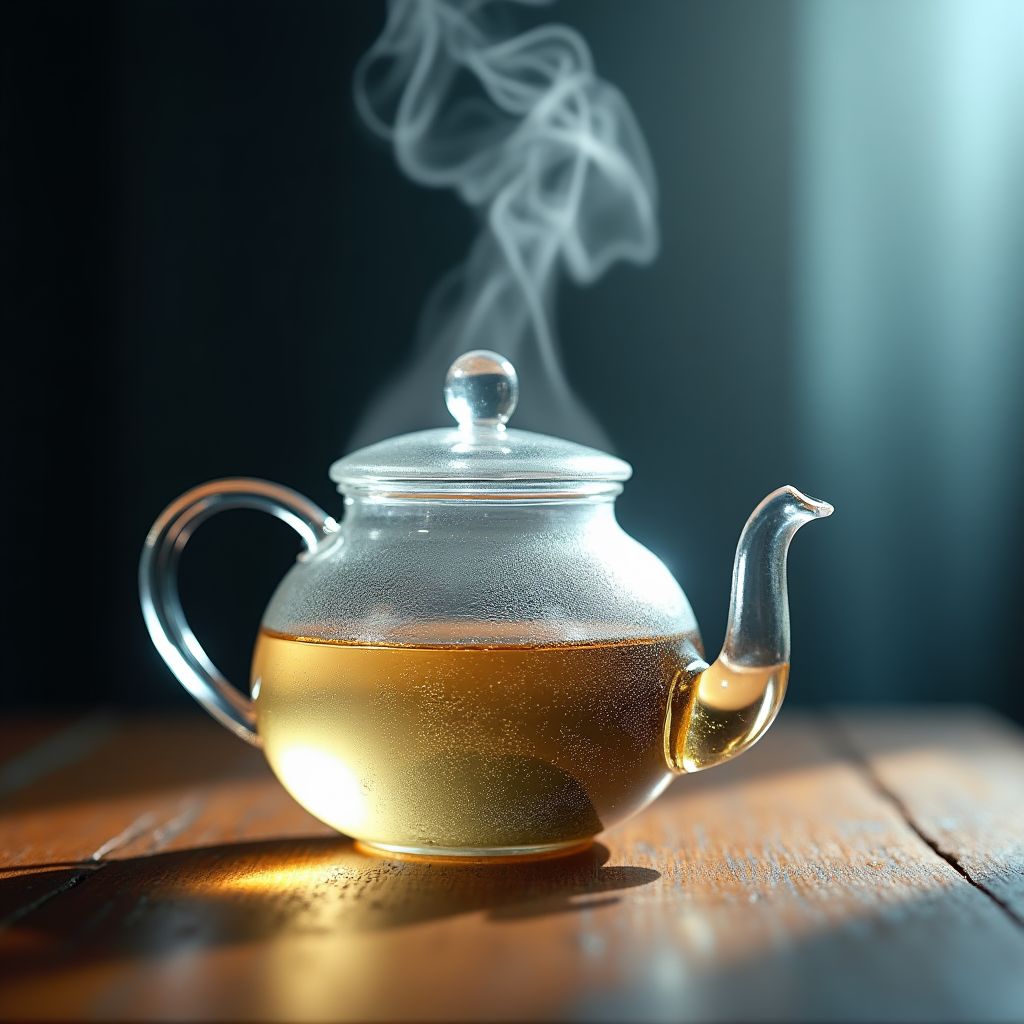 A glass teapot with steam rising, on a wooden table, silver-bright tones, icy blue and pale gold highlights, fine-art photograph