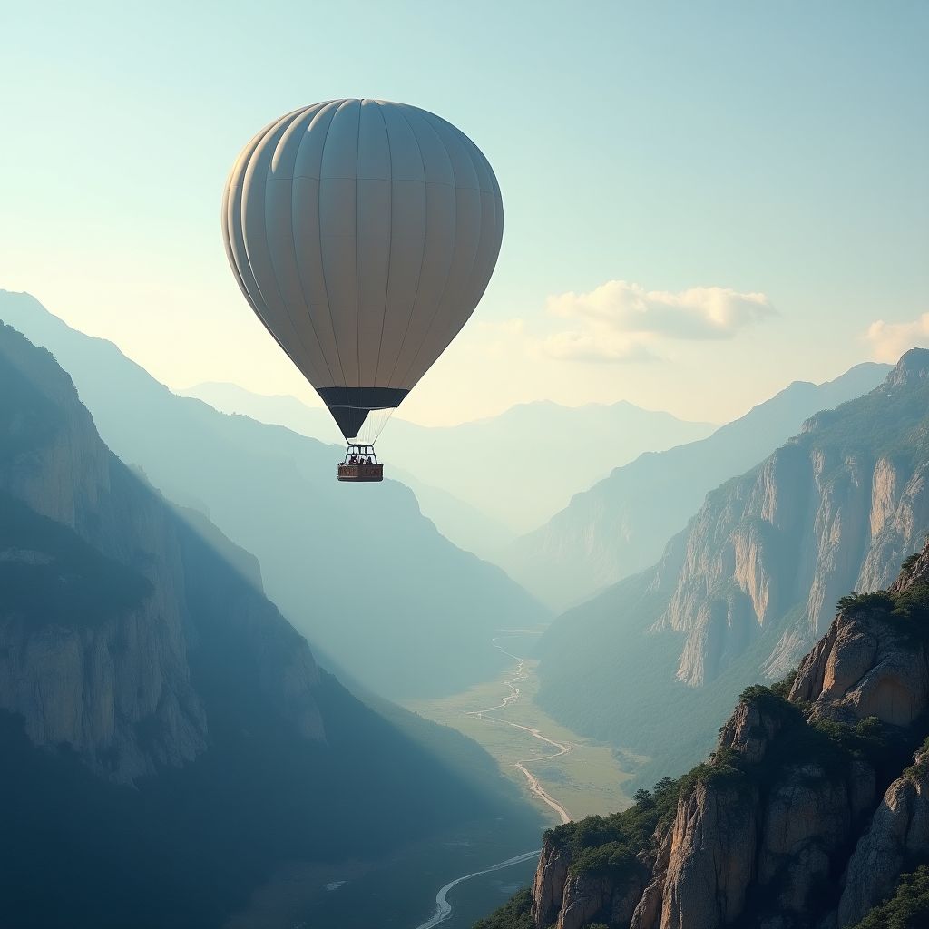 A hot-air balloon drifting over a mountain valley, silver-bright tones, icy blue and pale gold highlights, fine-art photograph