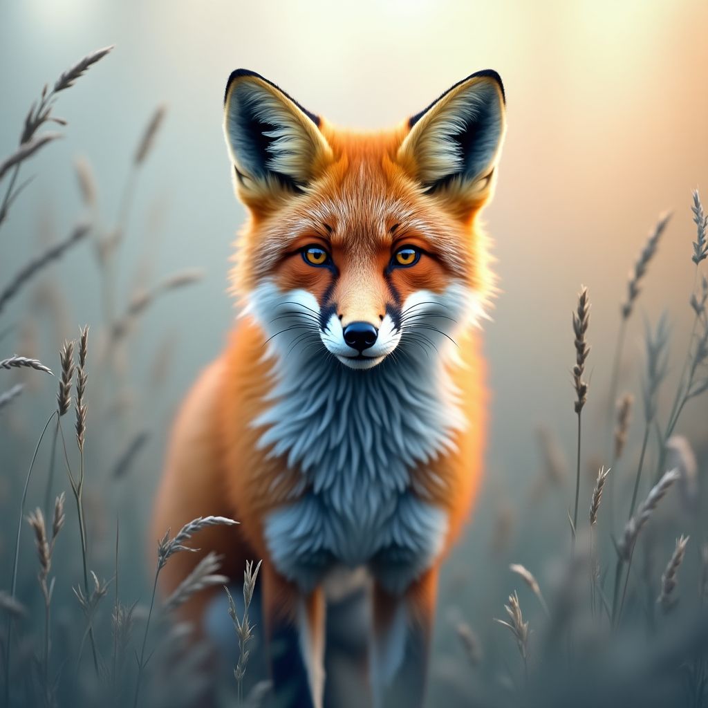 A red fox standing in tall grass, looking at the camera, silver-bright tones, icy blue and pale gold highlights, fine-art photograph