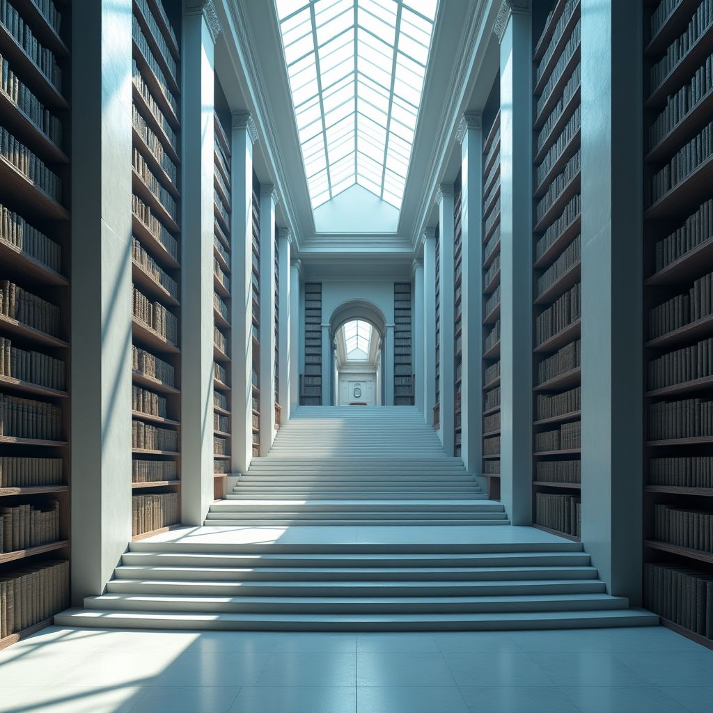 A grand library staircase with tall shelves and a skylight, silver-bright tones, icy blue and pale gold highlights, fine-art photograph