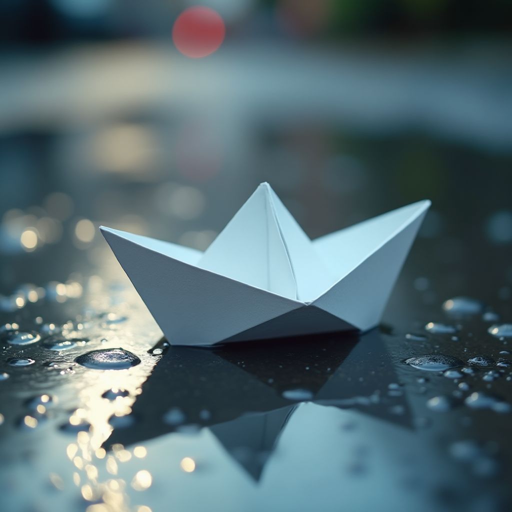 A paper boat floating in a rain puddle, close up, silver-bright tones, icy blue and pale gold highlights, fine-art photograph