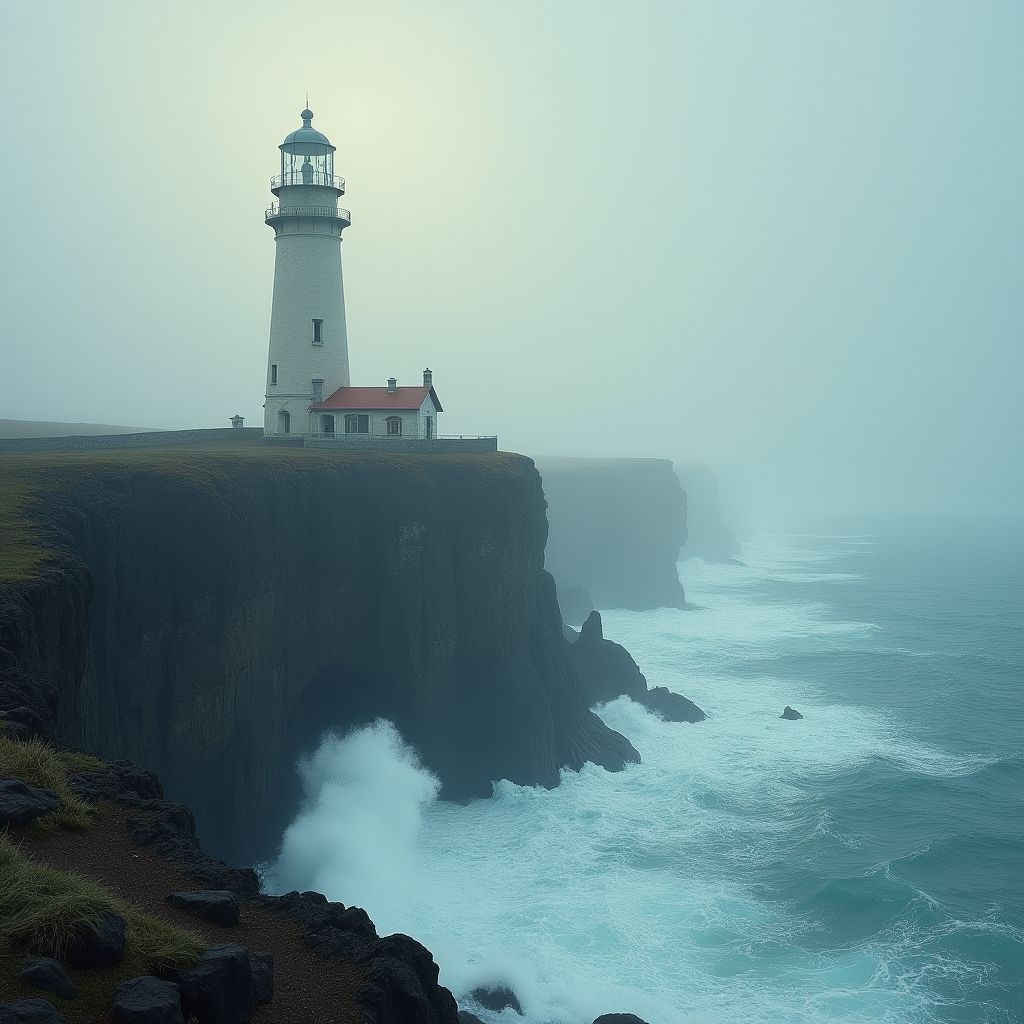 An old lighthouse on a cliff edge, waves breaking below, silver-bright tones, icy blue and pale gold highlights, fine-art photograph