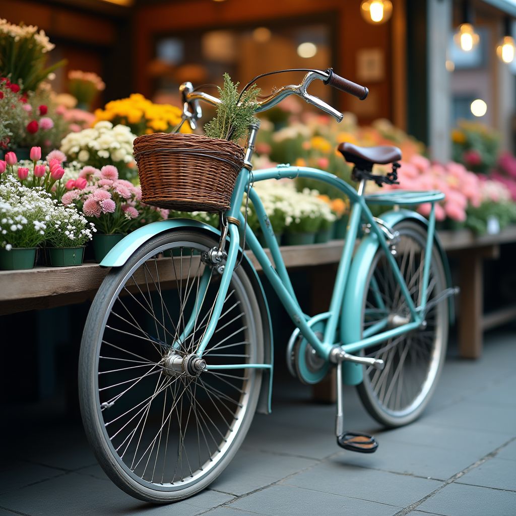A vintage bicycle leaning on a stall at a flower market, silver-bright tones, icy blue and pale gold highlights, fine-art photograph
