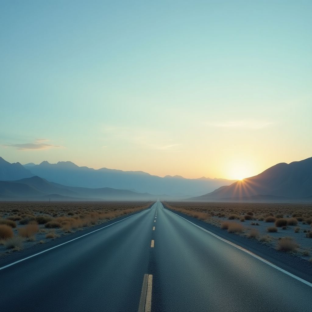 An empty desert highway at dawn, mountains on the horizon, silver-bright tones, icy blue and pale gold highlights, fine-art photograph
