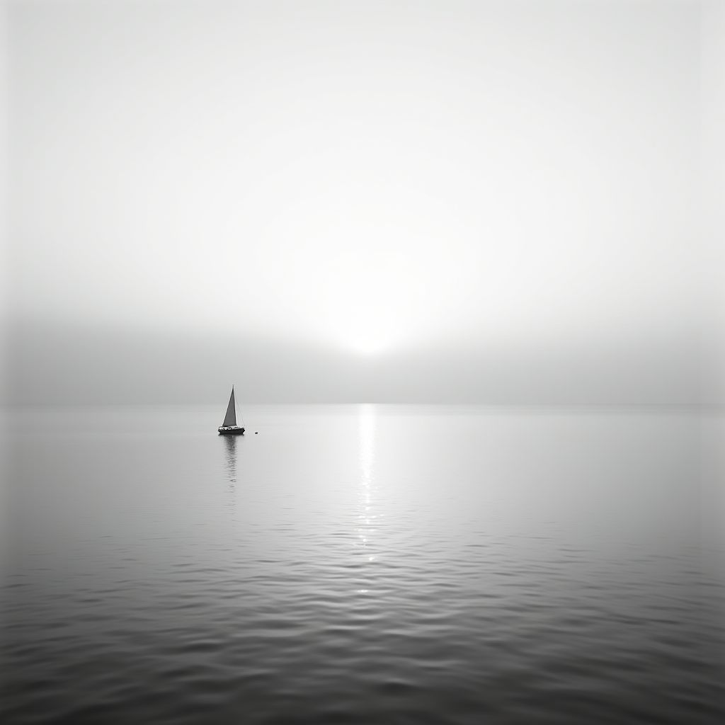 A calm silver sea at dawn under a pale sky, one small sailboat, black and white fine-art photograph